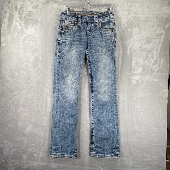 Rock Revival Jeans men's 28x32 Lampson Slim Bootcut Blue Denim Grunge Fading